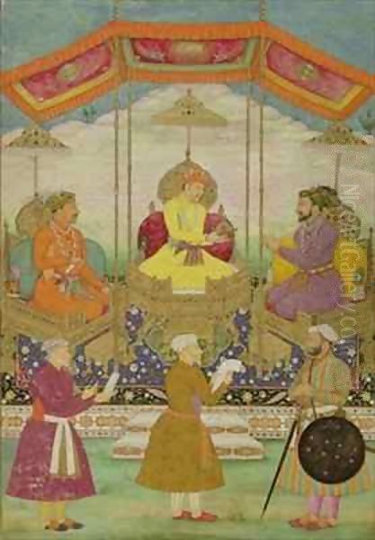 Mughal Emperor Akbar (c.1605) (centre) Symbolically Passing the Crown from His Son Jahangir to his Grandson Shah Jahan (1627-1658) Oil Painting by Bichtir