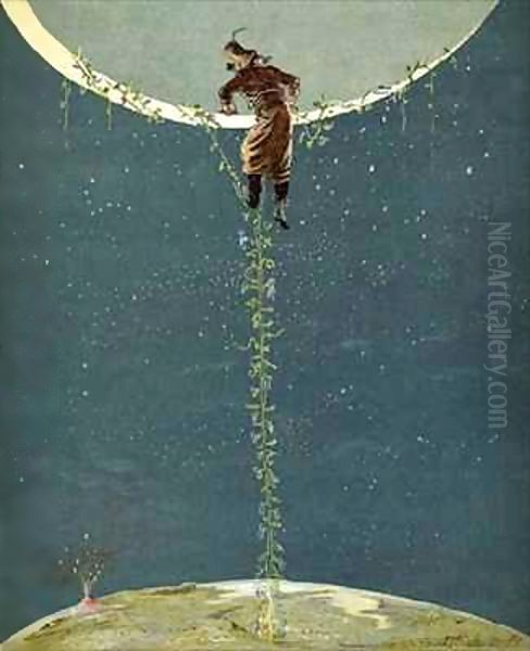 Baron Munchausen climbs up to the moon by way of a Turkey bean plant Oil Painting by Alphonse Adolphe Bichard