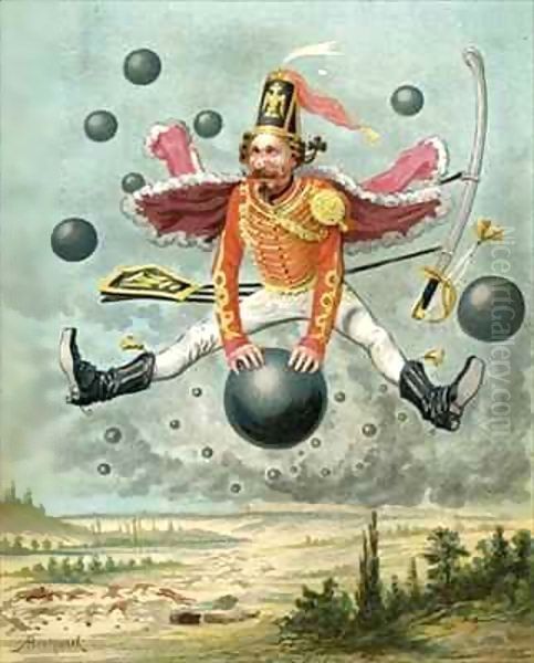 Baron Munchausen riding a cannonball during the fight with Tippoo Oil Painting by Alphonse Adolphe Bichard