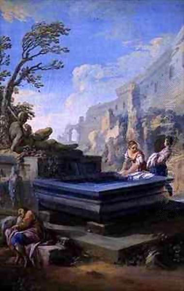 Washerwomen at a Classical Fountain Oil Painting by Pietro Bianchi