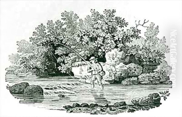 An Angler in a River Pool Oil Painting by Thomas Falcon Bewick