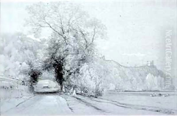 Road bordering meadows and a castle Oil Painting by William Roxby Beverly