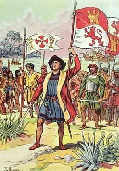 Christopher Columbus (1451-1506) plants the Spanish flag into the soil Oil Painting by J. L. Beuzon