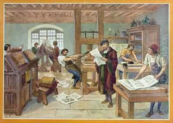 The Invention by Gutenberg of Moveable Type printing Oil Painting by J. L. Beuzon