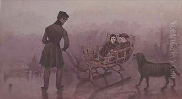 Anthony, Frank and Caroline sledging on the ice Oil Painting by Mary Ellen Best