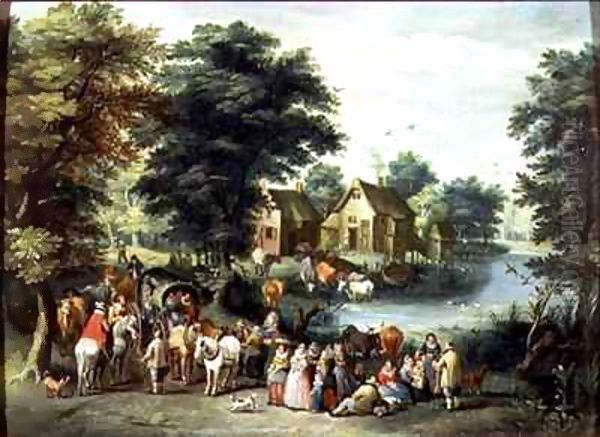 A Village Scene Oil Painting by Charles Beschey