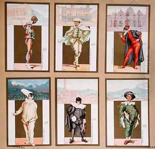 Set of six vignettes depicting characters from the Commedia dell'Arte Oil Painting by Bertelli