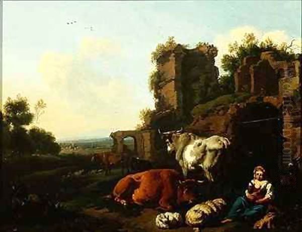 Landscape with Shepherdess Oil Painting by Dirk van Berghen