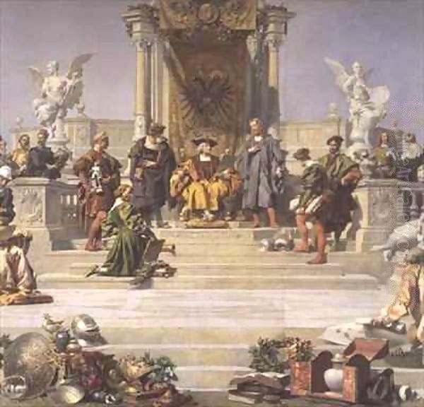 Patronage of the Arts by the House of Habsburg, central section of a ceiling painting Oil Painting by Julius Victor Berger