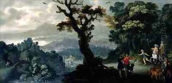 Landscape with a hunting party Oil Painting by H. Bergaignie