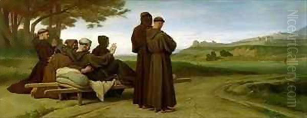 St. Francis of Assisi, while being carried to his final resting place at Saint-Marie-des-Anges, blesses the town of Assisi in 1226 Oil Painting by Francois Leon Benouville