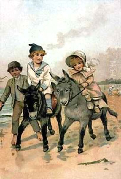 Children Riding Donkeys at the Seaside Oil Painting by Harriet M. Bennett