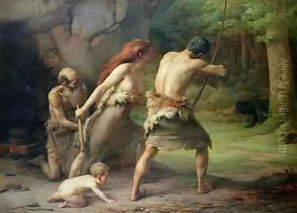 Prehistoric Man Hunting Bears Oil Painting by Emmanuel Benner