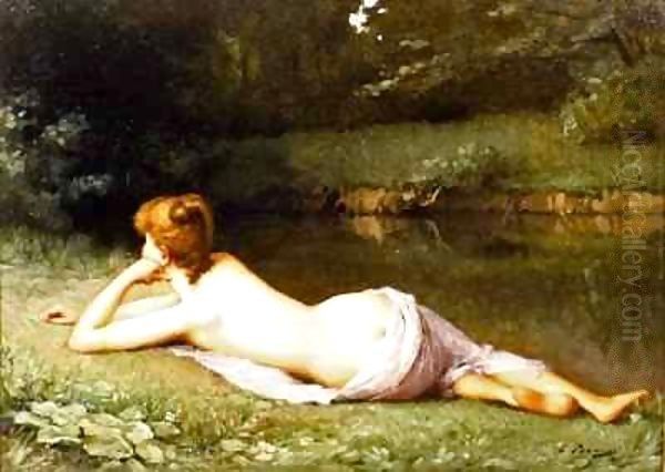 Reclining nude on a riverbank Oil Painting by Emmanuel Benner