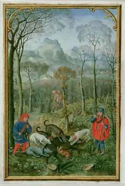 December killing the boar, from a Book of Hours Oil Painting by Simon Bening