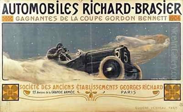 Poster showing Automobiles Richard-Brasier winning the Gordon Bennett Cup Oil Painting by Henri Jules Ferdinand Bellery-Desfontaines