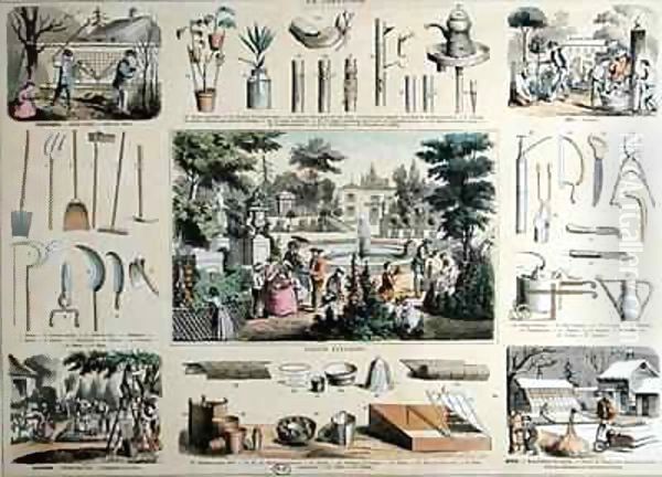 Educational depiction of gardening, with illustrations of garden tools and scenes showing the appropriate activities for each season Oil Painting by Bethmont Belin and