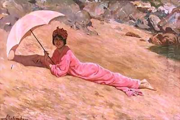 Girl lying on the beach with a pink parasol Oil Painting by Adolfo Belimbau