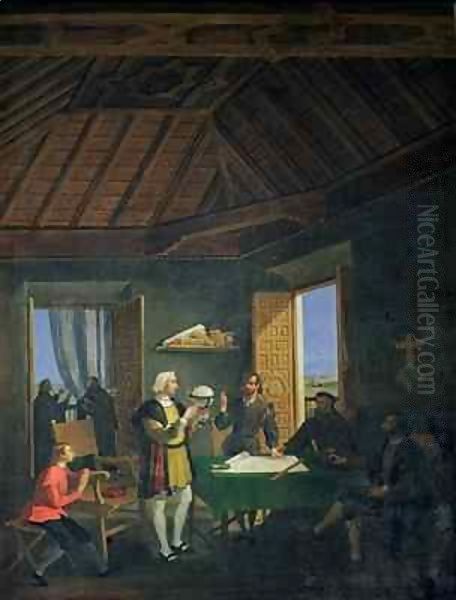 Conversation in the Franciscan Monastery of Santa Maria de La Rabida between the navigator Christopher Columbus (1451-1506), the physician Garcia Fernandez, the priest Juan Perez and Alonzo Pinzon Oil Painting by Juan Cabral Bejarano