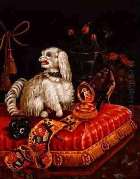 Poodle on a Cushion Oil Painting by V. Behr