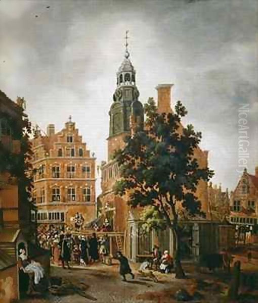 The Munt Tower with a Quack Praising his Merchandise, Amsterdam Oil Painting by Sybrand Van Beest