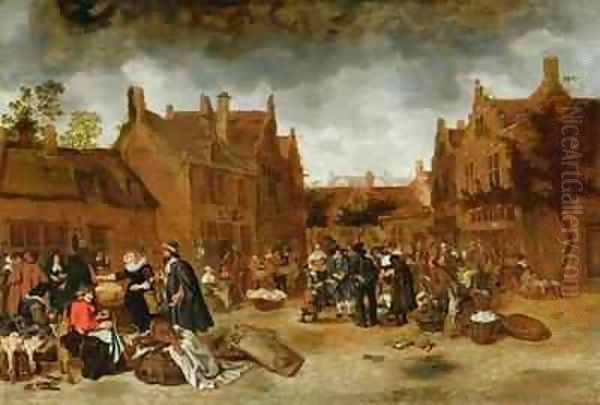 A Marketplace in Winter Oil Painting by Sybrand Van Beest