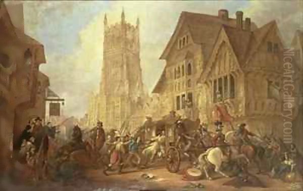 Cirencester Market Place, with the Abbey and the King's Head Hotel in 1642 - The First Bloodshed of the Civil War Oil Painting by John Beecham