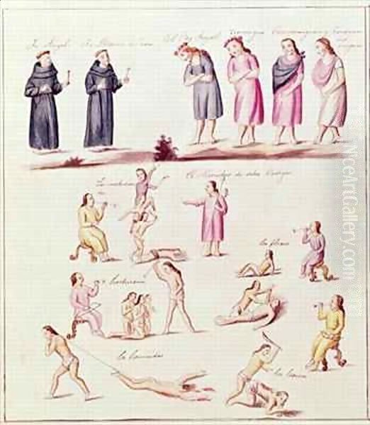 Indians on the road to conversion by the Spanish: meekly presenting themselves for baptism by Friars Angel and Martin de Jesus and the punishments for crimes such as witchcraft, licentiousness, and murder, from the Cronica de Mechoacan Oil Painting by Friar Pablo Beaumont