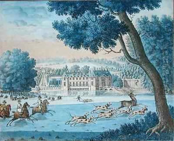 Chateau of the Duc de Bourbon and Hunting on the Lawn at Chantilly Oil Painting by J. Beaufort