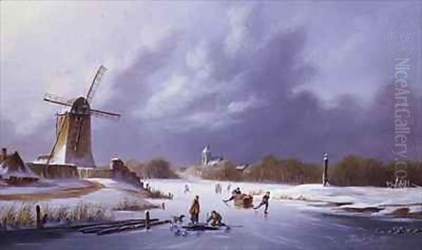 Dutch Frozen River Landscape Oil Painting by David Beatty