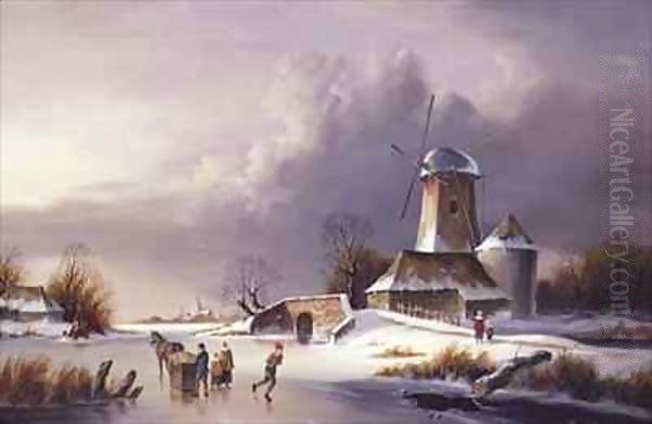 Dutch Frozen River Landscape 2 Oil Painting by David Beatty