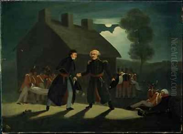 The meeting of Wellington (1769-1852) and Blucher (1742-1819) at La Belle Alliance after the Battle of Waterloo Oil Painting by H. Baynes