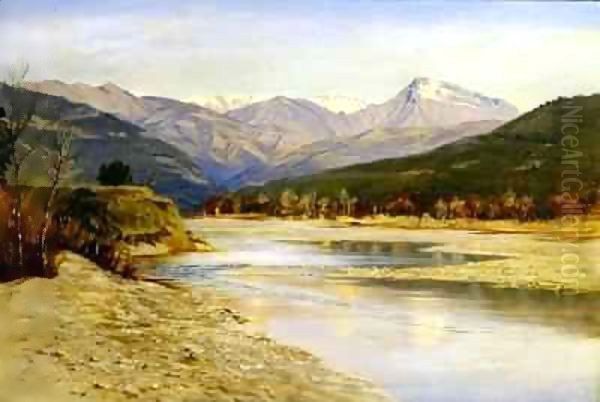 A Mountainous Lake Landscape in Bordighera Oil Painting by H. Baynes