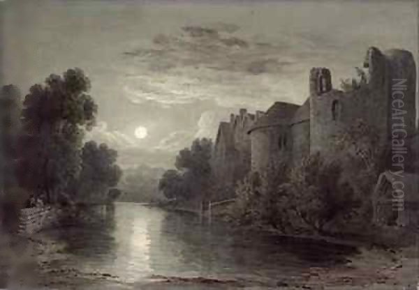 Allington Castle, near Maidstone, Kent, Moonlight Oil Painting by James Bayes