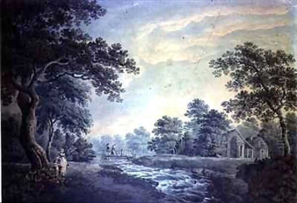 Landscape with Stream and Bridge Oil Painting by James Bayes