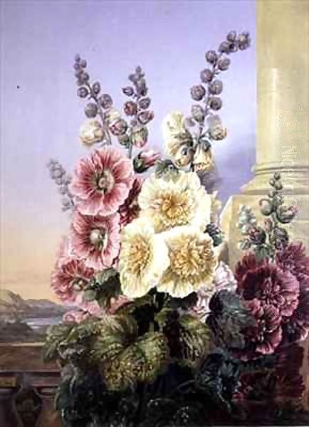 Hollyhocks Oil Painting by George Baxter