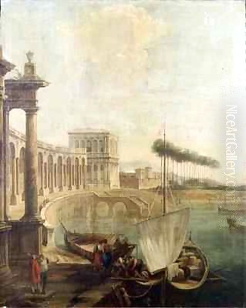 A capriccio, harbour with figures loading a ferry Oil Painting by Francesco Battaglioli