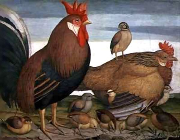 Cock, hen and chicks Oil Painting by Alessandro Battaglia