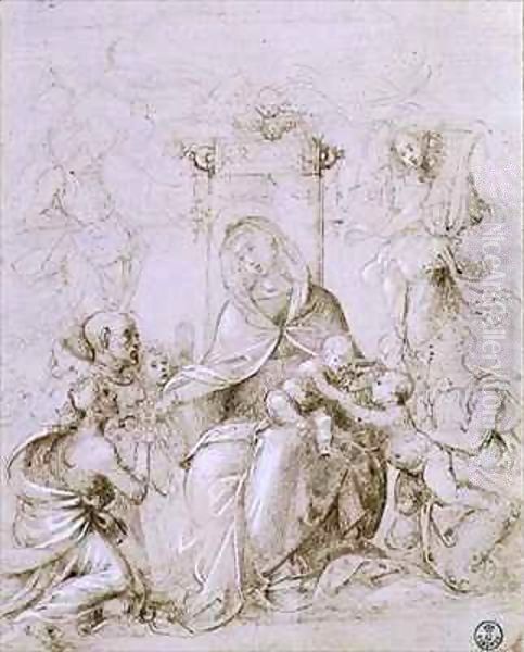 Madonna and Child enthroned with St. John the Baptist presented by an angel and St. Monica Oil Painting by Fra (Baccio della Porta) Bartolommeo