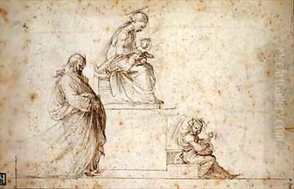 Virgin and Child on a pedestal with Joseph and an angel playing the mandolin Oil Painting by Fra Bartolommeo della Porta