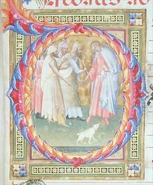 Historiated initial 'O' depicting Tobias and the Angel Oil Painting by Bartolomeo di Frusino