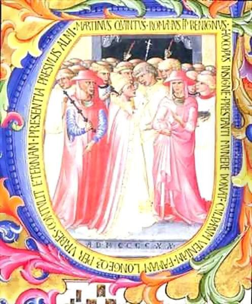 Historiated initial 'U' depicting Pope Martin V (1368-1431) concecrating the Church of Sant Egidio Oil Painting by Bartolomeo di Frusino