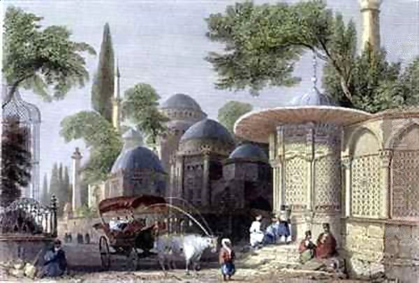 Fountain and Mosque of Chahzade Oil Painting by William Henry Bartlett