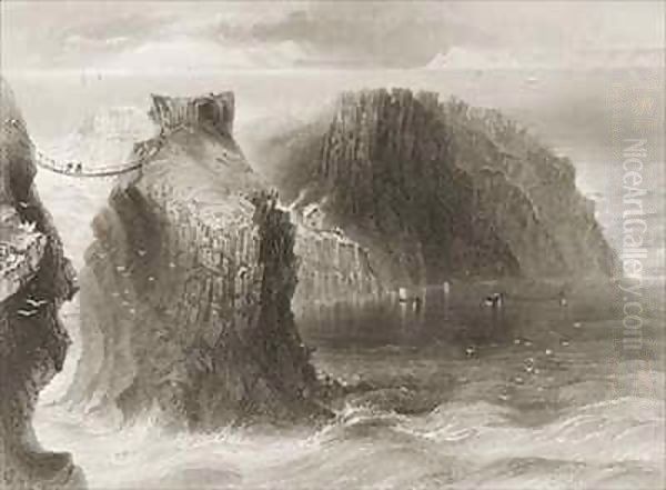 Carrick-a-Rede Rope Bridge, County Antrim, Northern Ireland Oil Painting by William Henry Bartlett