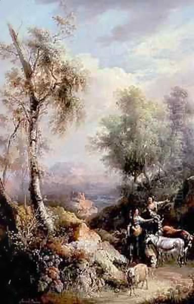 Goatherds in mountainous Spanish landscape Oil Painting by Manuel Barron y Carrillo