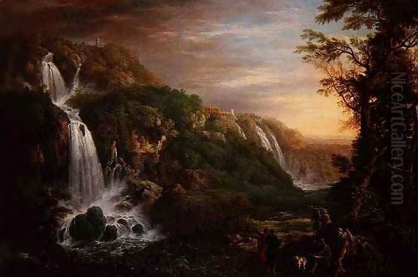 The Great Cascade at Tivoli with Villa of Maecenas and artist inspired by a philosopher Oil Painting by Prosper-Francois-Irenee Barrigues