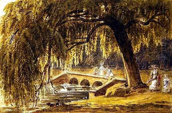 Women and Children by an Ornamental Bridge in a Park Oil Painting by George Barrett