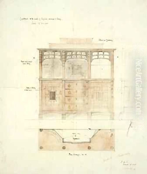 Design for Cupboard in English Walnut and Ebony Oil Painting by Sidney Barnsley