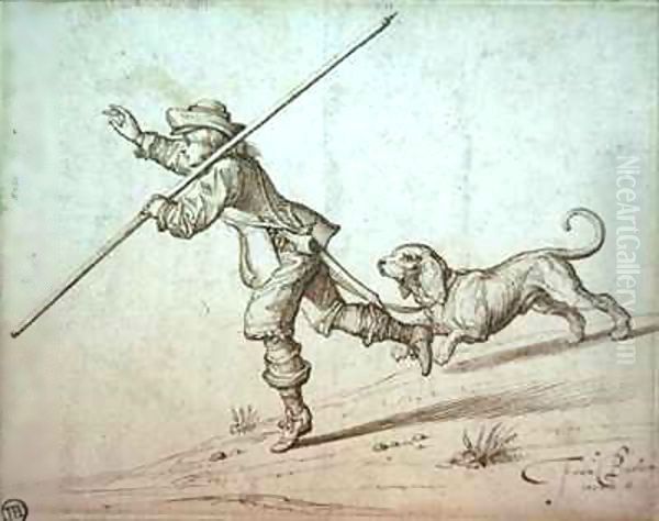 Man hunting with a pointed staff and a hound Oil Painting by Francis Barlow