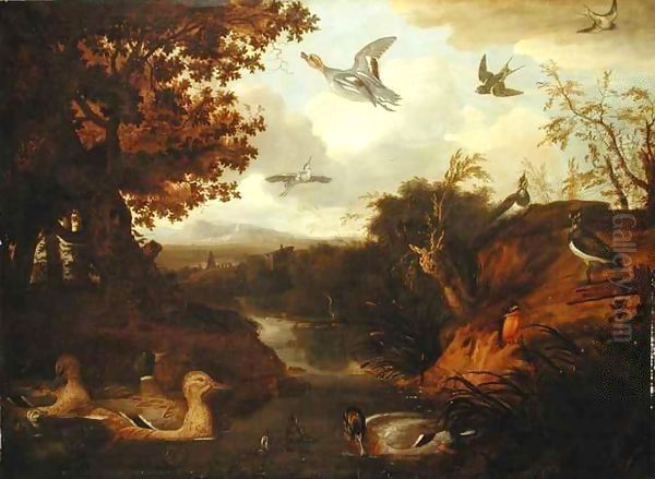 Ducks and other birds about a stream in an Italianate landscape Oil Painting by Francis Barlow